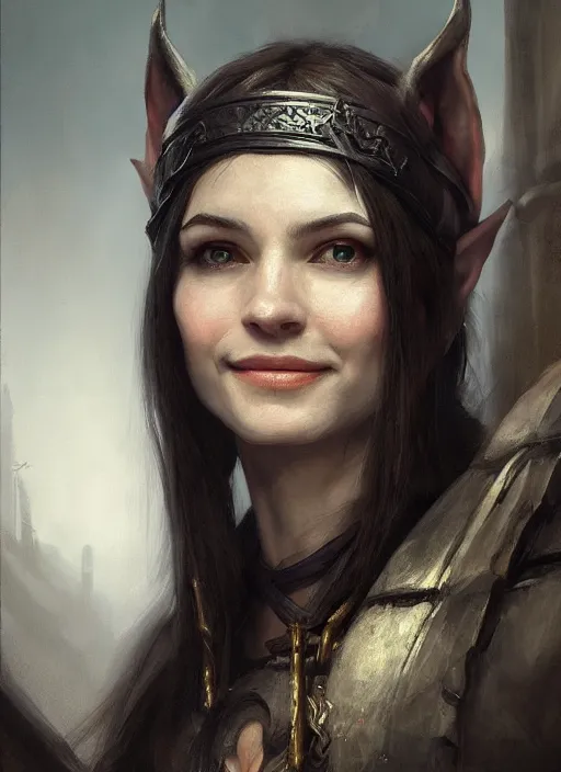 Prompt: portrait of a smiling elf thief with long elven ears and black hair, detailed realism face in painting, detailed beautiful portrait, oil painting masterpiece, fantasy artwork, 8 k resolution, smooth, sharp focus, trending on artstation, by rembrandt, by greg rutkowski