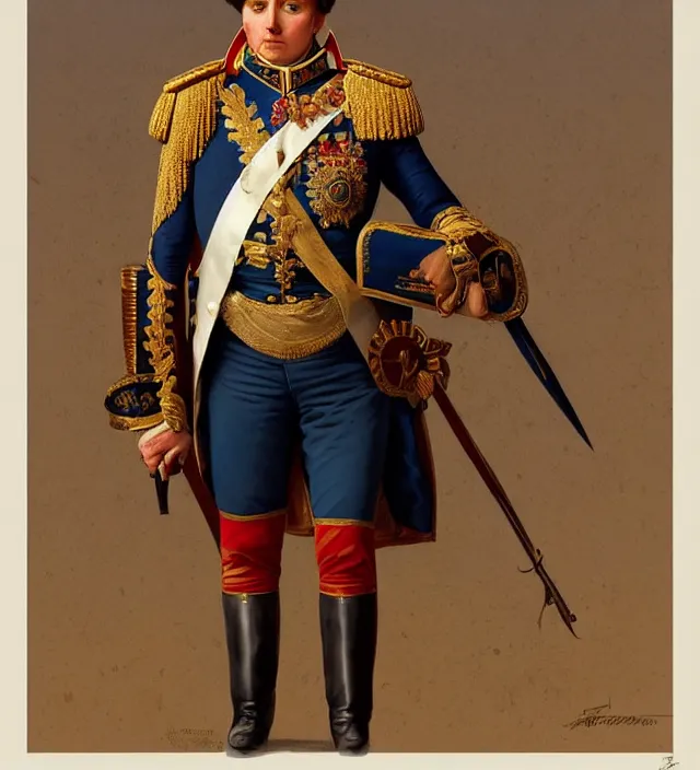 Image similar to portrait of emperor napoleon wearing a traditional nineteenth century french empire military uniform, metal shoulder pauldrons, intricate, highly detailed, digital painting, artstation, concept art, sharp focus, cinematic lighting, illustration, art by artgerm and greg rutkowski, alphonse mucha, cgsociety