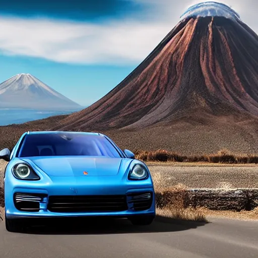 Prompt: a blue Porsche Panamera driving with a volcano on the view