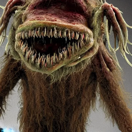 Image similar to a very strange creature made of cronenberg schmutz and drips, mucus, hairy, skin parts, fuzzy disgusting teeth, saliva nasty