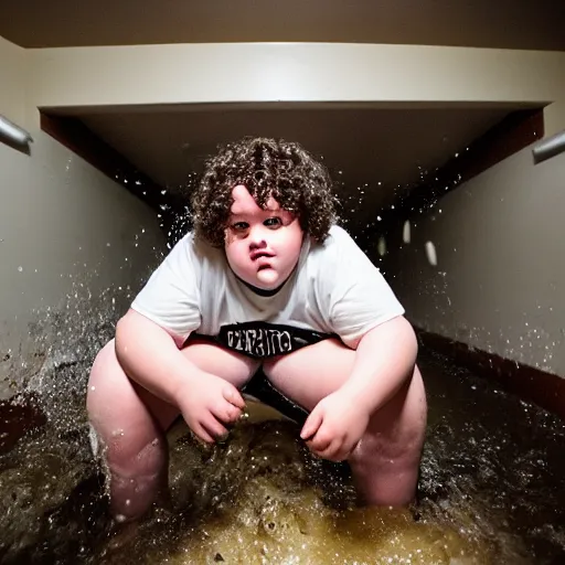 Prompt: flash photography of chubby teenage boy with long curly brown hair vomiting, and flooding the basement he is sitting in with vomit