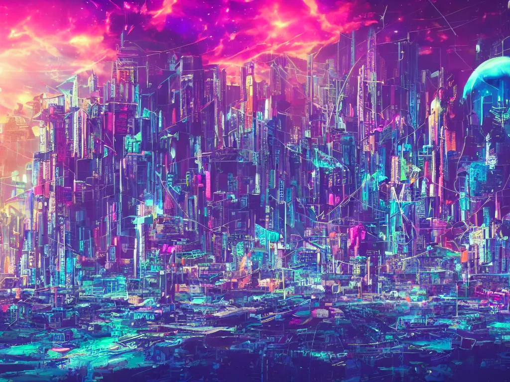 Image similar to mystical colorful cyberpunk city with a clear blue lake in a clearing where an abstract nebula crystal sculpture is floating above it, powerful, ethereal, vaporwave