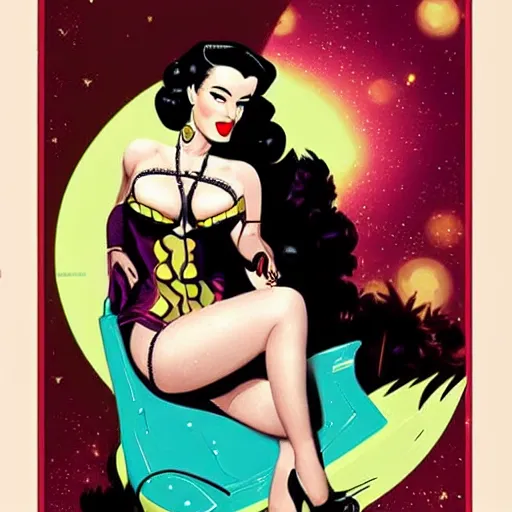 Image similar to a retro sci - fi pinup illustration of dita von teese in the style of gil elvgren.