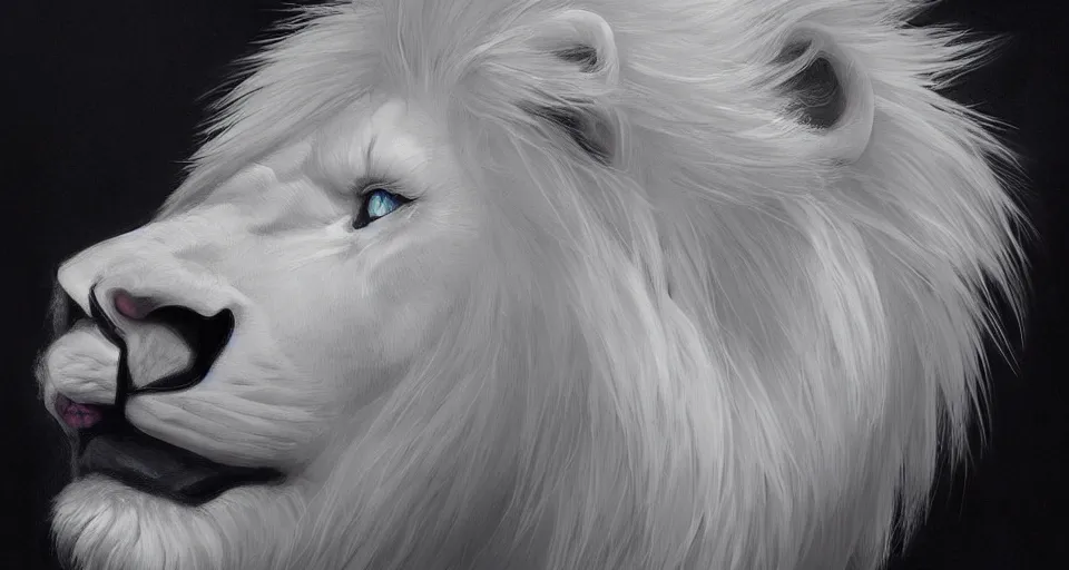 Image similar to aesthetic portrait commission of a albino male furry anthro lion wearing white glowing cloak in an empty black room surrounded by darkness, Character design by charlie bowater, ross tran, artgerm, and makoto shinkai, detailed, inked, western comic book art, 2021 award winning painting