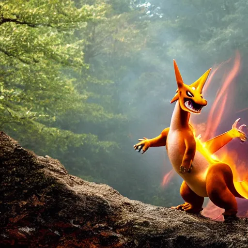 Image similar to national geographic professional photo of charizard in the wild, award winning