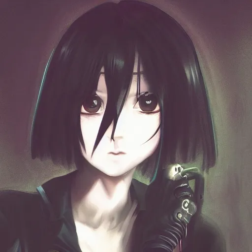 Image similar to 1 7 - year - old goth girl, black hair, long bob cut, long bangs, gothic coat, dark hallways, soft lighting, glowing keypads, secret society, roman pillars, strong lighting, strong shadows, vivid hues, ultra - realistic, sharp details, subsurface scattering, intricate details, hd anime, 2 0 1 9 anime