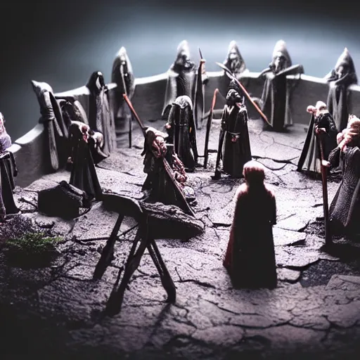 Prompt: claymation action shot of the council of the ring, lotr, dramatic lighting, creepy, dslr, tilt shift, extremely textured, realistic hyper detailed