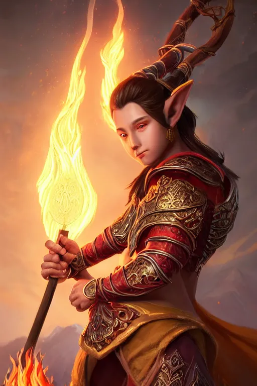 Image similar to a masterpiece portrait of nezha, young elf prince holding spear, flame everywhere, epic pose, fantasy character portrait, closeup shot, hyper detailed, digital painting, 8 k realistic, trending on artstation, sharp focus, dof, by fenghua zhong, artgerm, ne zha from smite, jeff easley, raymond swanland