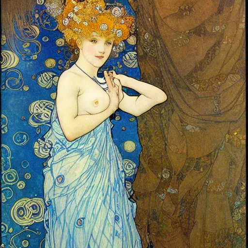 Prompt: The girl in the pretty blue dress with flowing golden blonde hair by Gustav Klimt Alphonse Mucha Ayami Kojima and Arthur Rackham