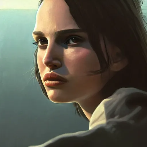 Image similar to closeup portrait of natalie portman from the movie leon the professional, matilda. hitman, city background, dramatic light, gorgeous view, depth, high detail, digital art, painted by greg rutkowski and seb mckinnon, by tim burton, trending on artstation