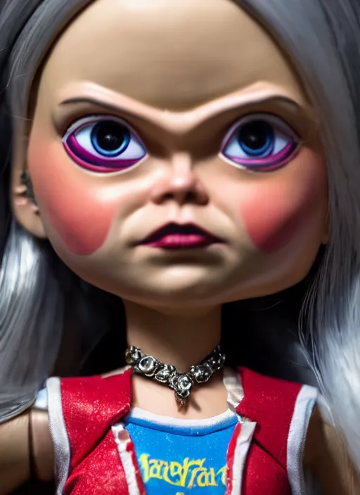 Image similar to closeup face profile portrait of a tin toy greta thunberg as the bride of chucky as a fairytale princess wearing a crown, bikini, depth of field, zeiss lens, detailed, fashion photoshoot, by nicoletta ceccoli, mark ryden, lostfish, breathtaking, 8 k resolution, extremely detailed, beautiful, establishing shot, artistic, hyperrealistic, octane render