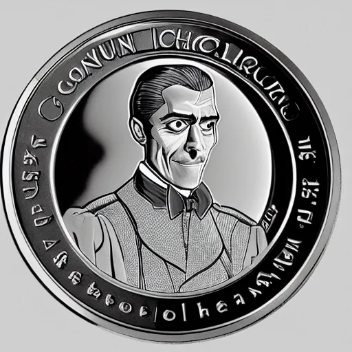 Prompt: a new coin design featuring a portrait of Count Chocula. shiny silvery mirror surface