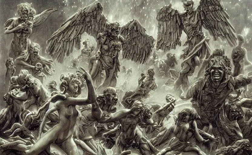 Prompt: weeping angels battle an army of robots in graveyard at night, by boris vallejo