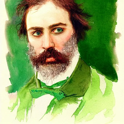 Image similar to Portrait of a handsome man with mutton chops. wearing a green suit. colorful necktie, pale white face, long messy hair, ((red)) baggy eyes, tired face, watercolor, brushstrokes, high detail, artstation, background yellow and blue, medium detail, by Ilya Repin