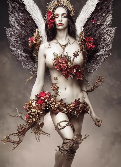 Prompt: expressive full body photo of a female model as beautiful angel, ornate headpiece made from flowers, ivory, ornaments, glamour shot, by karol bak, by stefan gesell, octane render, unreal engine, photorealistic, canon r 3, fashion photography, painted studio backdrop, environmental portrait, dark fantasy, dark beauty, magazine, symmetrical features