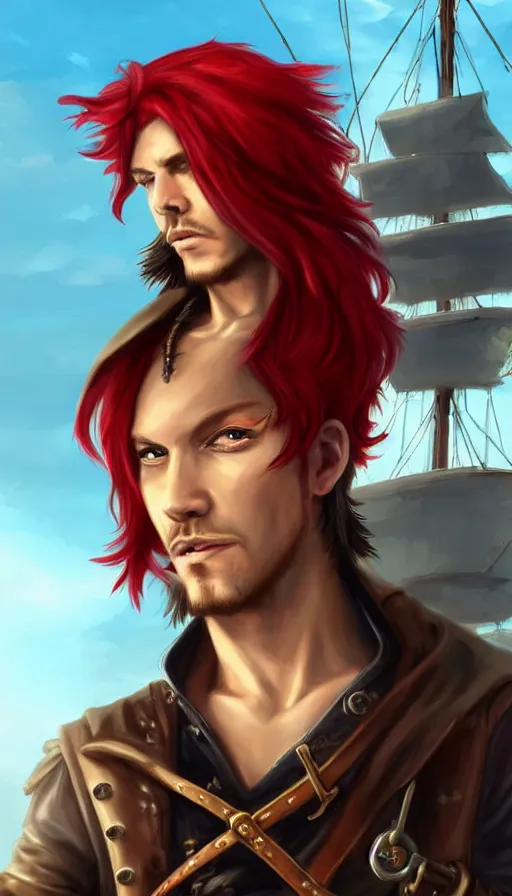 Image similar to portrait of a male pirate with flowing red hair!!!!!!, airship in the background!!!!!!, lean body!!, Steampunk!!!!!!!, D&D, fantasy, simple clothing!!!!, elegant, highly detailed, digital painting, artstation, concept art, sharp focus, illustration, art by Artgerm and Greg Rutkowski and Alphonse Mucha