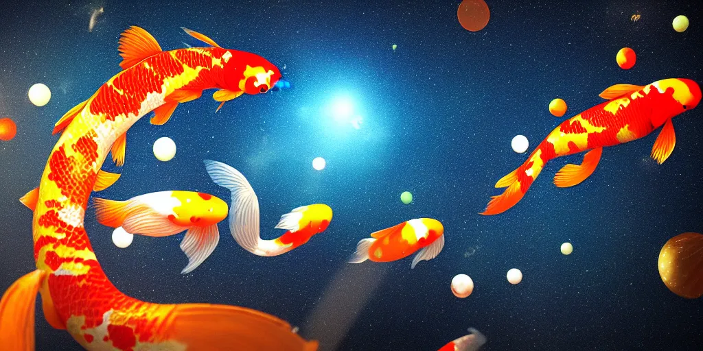 Image similar to a koi fish floating in space, mild starry background, ultrarealistic, cinematic, octane render, trending on artstation