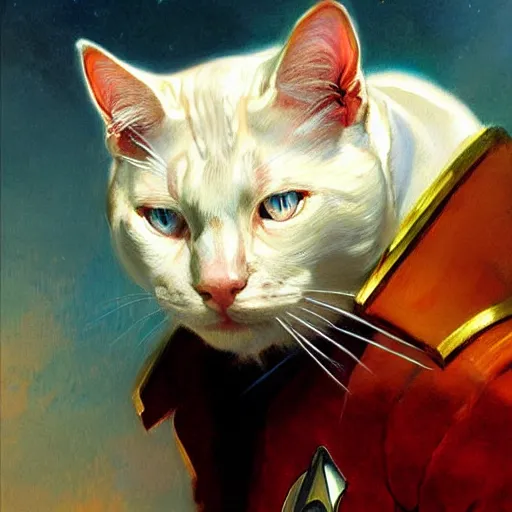 Prompt: a portrait of a manly humanoid white cat feline, blue eyes, star trek the next generation. highly detailed painting by gaston bussiere, craig mullins, j. c. leyendecker, furry