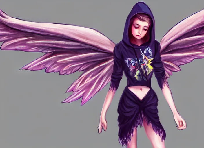 Image similar to a fairy with big wings wearing a hoodie, street fashion outfit, haute couture fashion shoot, fairy, d & d, fantasy sticker illustration, artstation