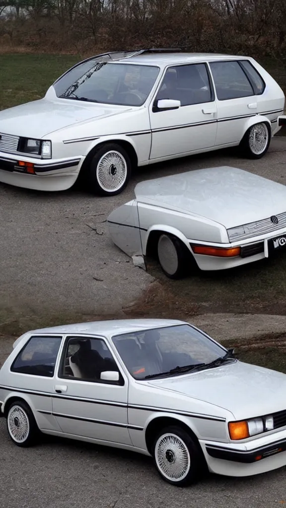 Image similar to 1 9 8 0 s vw golf, made out of reflective chrome