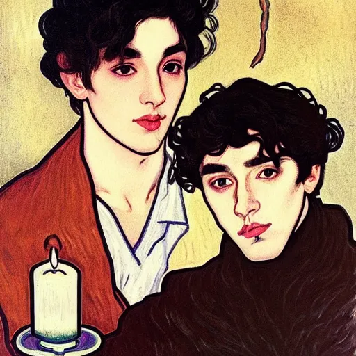 Image similar to painting of young cute handsome beautiful dark medium wavy hair man in his 2 0 s named shadow taehyung and cute handsome beautiful min - jun together at the halloween party, bubbling cauldron, candles, smoke, tarot, autumn colors, elegant, stylized, soft facial features, delicate facial features, art by alphonse mucha, vincent van gogh, egon schiele