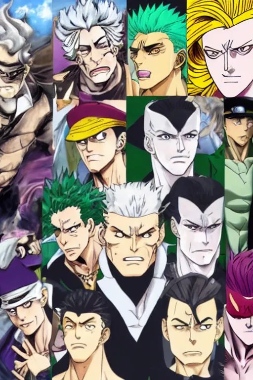 Image similar to jojo's bizarre adventure, jotaro kujo, kakyoin noriyaki, muhammad avdol, jean pierre polnareff, joseph joestar, manga