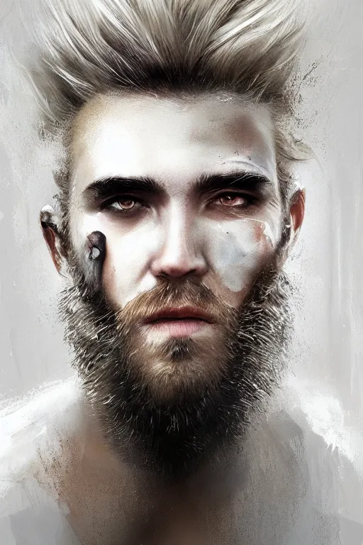 Image similar to blonde wild hair beard man, black eye - patch, close - up portrait, plain white tshirt, powerfull, intricate, elegant, volumetric lighting, scenery, digital painting, highly detailed, artstation, sharp focus, illustration, concept art, ruan jia, steve mccurry