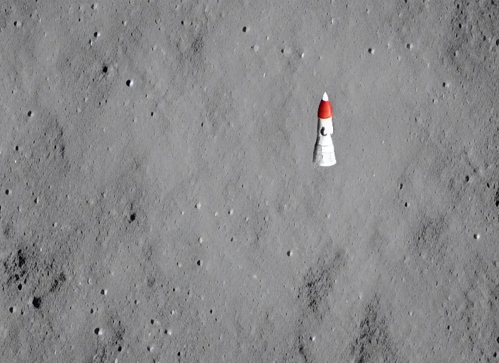 Image similar to a high-definition photograph of a large Lego rocket landing on the moon