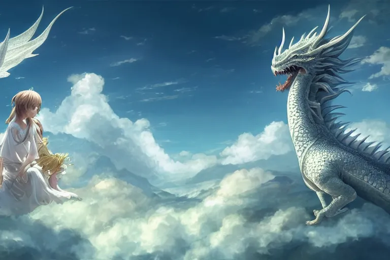 Image similar to the beautiful hyper detailed big scene render that a beautiful girl sitting on the back of a huge silver white dragon alone in fairyland surrounded by white clouds, finely detailed angelic face delicate features, style of studio ghibli, makoto shinkai, raphael lacoste, artgerm, karol bak, kazuki tanahashi, james jean, ross tran, ultra wide angle