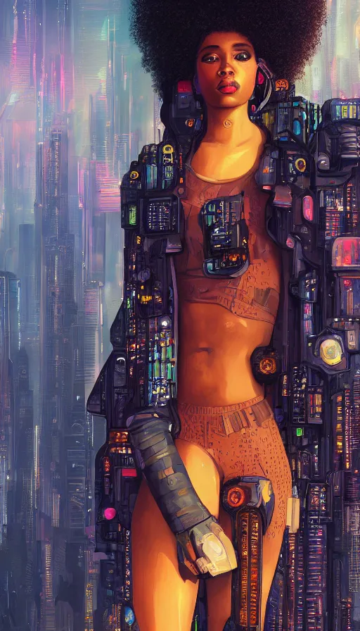 Image similar to a beautiful young Black woman, cyberpunk, Blade Runner city background, highly detailed, 8K, artstation, illustration, art by Gustav Klimt