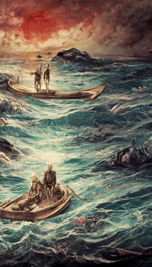 Image similar to man on boat crossing a body of water in hell with creatures in the water, sea of souls, by wit studio