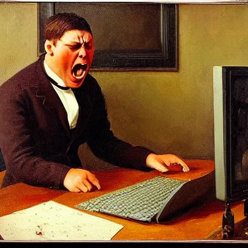 Image similar to an angry man yells at his computer monitor, oil on canvas, 1 9 0 1