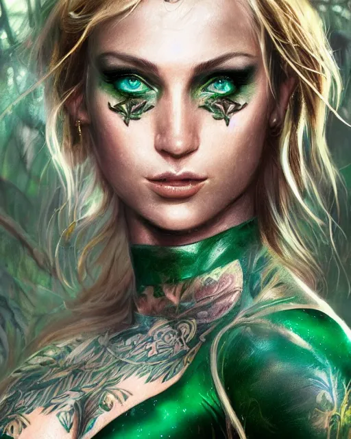 Prompt: a close - up of tattooed beautiful blonde female warrior wearing a magical emerald leotard in a magical forest, hyper realistic face, green eyes, fantasy art, in the style of greg rutkowski, illustration, epic, fantasy, intricate, insanely detailed, artstation, concept art, smooth, sharp focus, vibrant