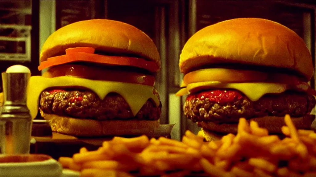 Image similar to the disdainful cheeseburger creature at the fast food place, film still from the movie directed by denis villeneuve and david cronenberg with art direction by salvador dali and zdzisław beksinski, wide lens