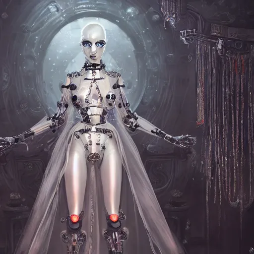 Prompt: female gothic robots with transparent head with mechanical brain, detailed transparent crystal face, sensual pose, dressed in white intricate lace and jewels, epic environment, matte painting, diffused lighting, highly detailed, cinematic, epic atmosphere, digital art, trending on artstation, wide angle