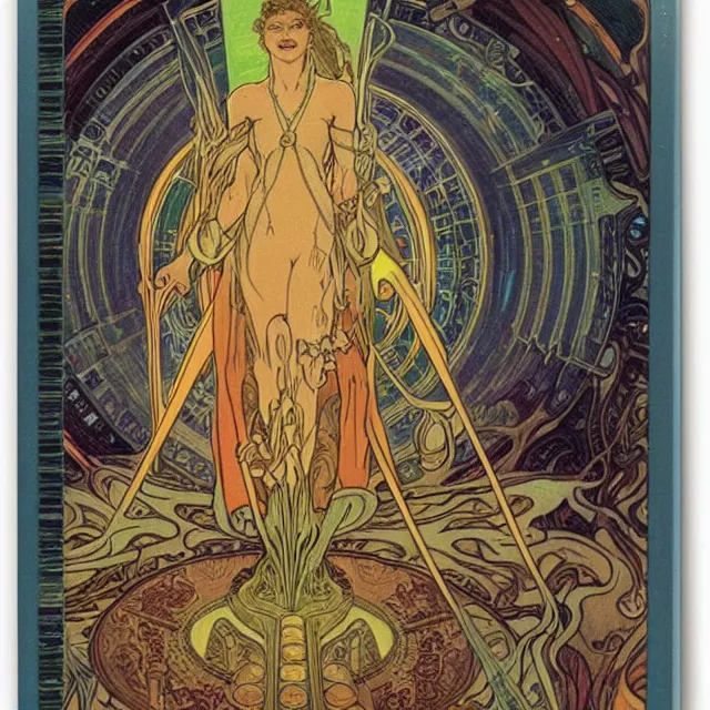 Prompt: polaroid of a vintage record cover by Franklin Booth showing a portrait of Thor as a futuristic space shaman, Alphonse Mucha background, psychedelic art, star map, smoke, sciFi