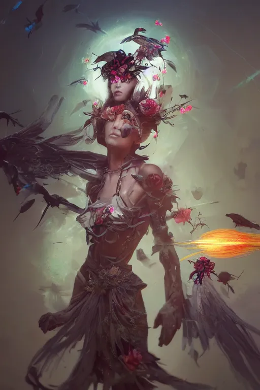 Image similar to beautiful girl necromancer, witch - doctor exploding into flowers, angels, 3 d render, hyper - realistic detailed portrait, holding electricity and birds, ruan jia, wlop. scifi, fantasy, hyper detailed, octane render, concept art, peter mohrbacher