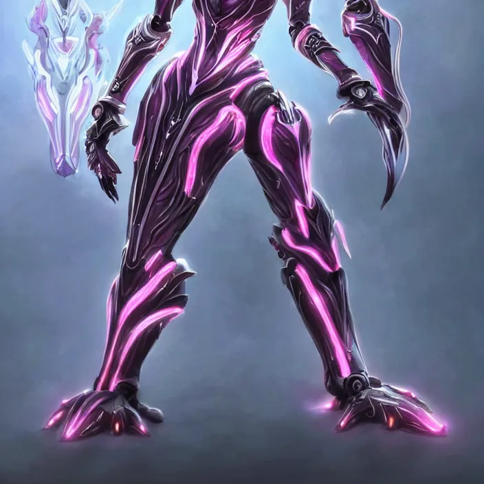 Image similar to highly detailed exquisite fanart, of a beautiful female warframe, but as a stunning anthropomorphic robot female dragon, standing elegantly with hand on hip, shining reflective off-white plated armor, slick elegant design, bright Fuchsia skin, sharp claws, close full body shot, epic cinematic shot, realistic, professional digital art, high end digital art, DeviantArt, artstation, Furaffinity, 8k HD render, epic lighting, depth of field