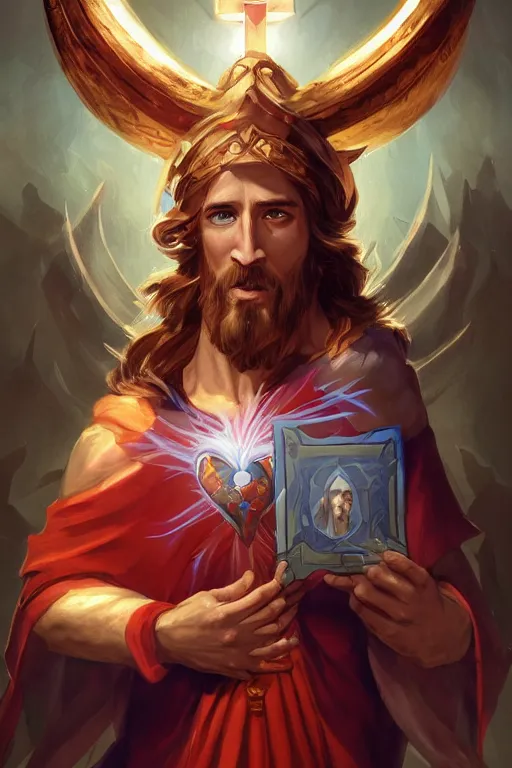 Image similar to A card of Jesus Christ as a DOTA 2 character holding a Sacred Heart armor, card game, card, trade card game, Artifact Dota2, by Stanley Artgerm Lau, WLOP, Rossdraws, James Jean, Andrei Riabovitchev, Marc Simonetti, Yoshitaka Amano, ArtStation, CGSociety,