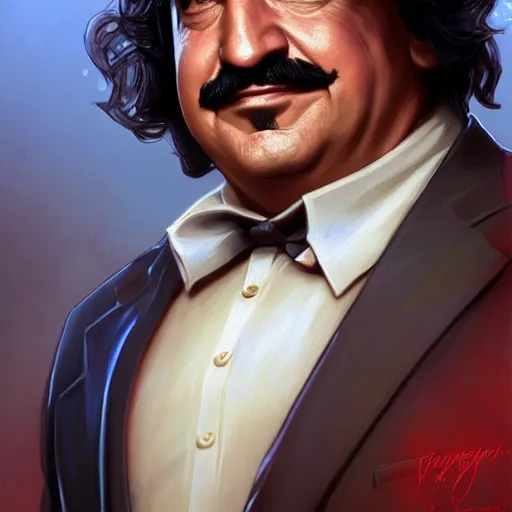 Image similar to handsome Ron Jeremy as President of United States of America as GTA character , western, fantasy, closeup, D&D, intricate, elegant, highly detailed, digital painting, artstation, concept art, matte, sharp focus, illustration, art by Artgerm and Greg Rutkowski and Alphonse Mucha