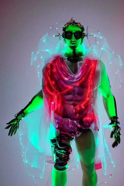 Image similar to full-body rococo and cyberpunk style mint neon and ceramic statue of a muscular attractive Spanish android god humanoid wearing a thing see-through plastic cloak sim roupa, posing like a super hero, suspended to the wall thick clear cables around his wrists, glowing mint face, crown of red steampunk lasers, emeralds, swirling silver silk fabric. futuristic elements. oozing glowing liquid, full-length view. space robots. human skulls. throne made of bones, intricate artwork by caravaggio. Trending on artstation, octane render, cinematic lighting from the right, hyper realism, octane render, 8k, depth of field, 3D