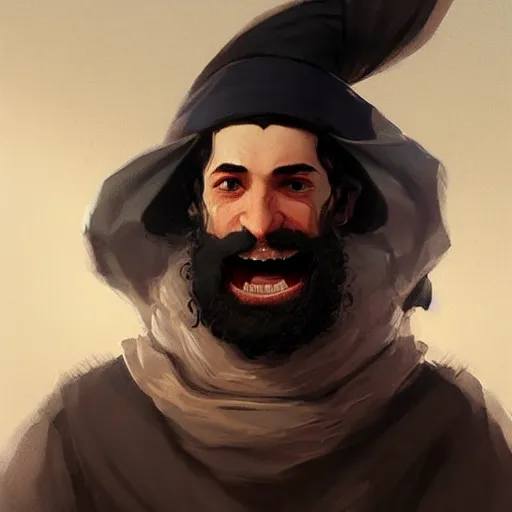 Image similar to a happy merchant jew wearing kippah!!!, evil, tricky, black curly beard, black curly hair, black eyes, hooked nose, by greg rutkowski, artstation, by artgerm, by wlop