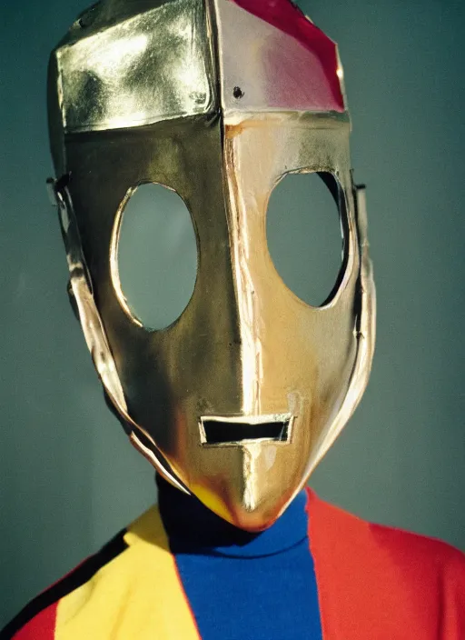 Image similar to a fashion portrait photograph of a man wearing a metal mask designed by piet mondrian, 3 5 mm, color film camera,