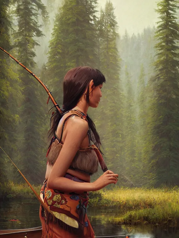 Prompt: an ultradetailed beautiful portrait painting of an female tribe native fishing in a redwood forest lake, side view, oil painting, high resolution, by ilya kuvshinov, greg rutkowski and makoto shinkai