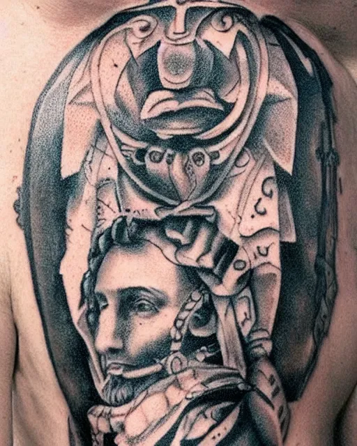 Prompt: renaissance tattoo design, hyper - realistic, in the style of tony santos