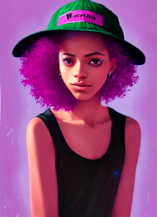 Image similar to portrait of teenage vanessa morgan with bright pink hair, black girl, curly pixie cut hair, wearing a purple breton cap, breton cap, hoop earrings, intricate, elegant, glowing lights, highly detailed, digital painting, artstation, concept art, smooth, sharp focus, illustration, art by wlop, mars ravelo and greg rutkowski