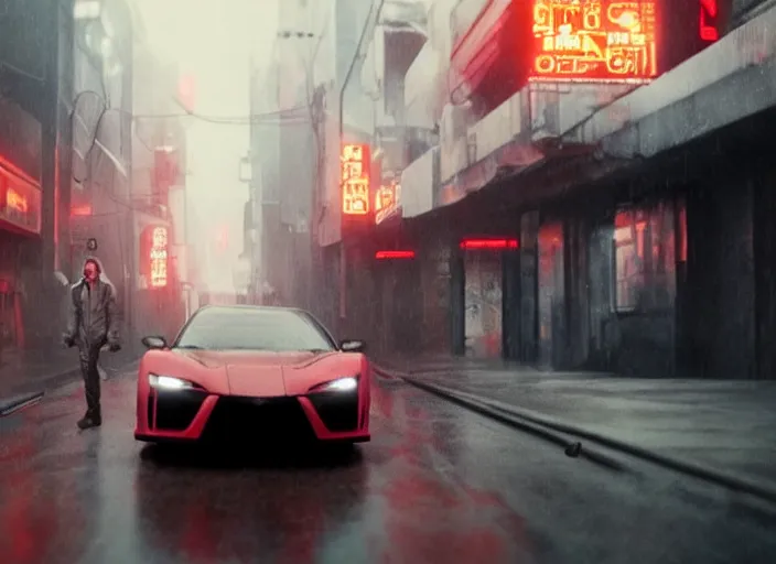 Image similar to Bladerunner 2049 scene red sports car driving on empty road dark atmospheric volumetric lighting grungy moody dark cinematic Roger Deakins Cinematography futuristic cyberpunk car soul red GTR NSX RX8 C3 Chaser S16 Evo X Z07 R34 ikuo maeda Newton Thomas Sigel bladerunner 2049 screen cap still