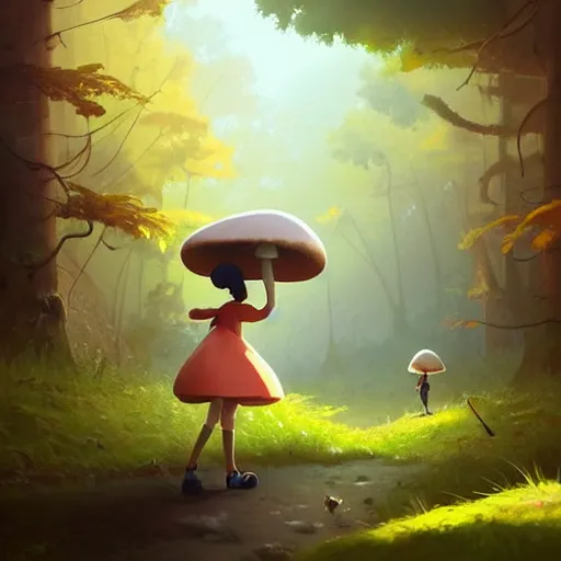 Prompt: goro fujita ilustration a cheerful girl collecting mushrooms in the forest, characterized by masamune shirow and greg rutkowski, character art, sharp focus, highly detailed, artstation