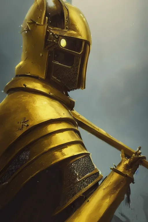 Image similar to A fancy close up of a yellow medieval Holy Knight by Greg Rutkowski, Sung Choi, Mitchell Mohrhauser, Maciej Kuciara, Johnson Ting, Maxim Verehin, Peter Konig, 8k photorealistic, cinematic lighting, HD, high details, dramatic, trending on artstation