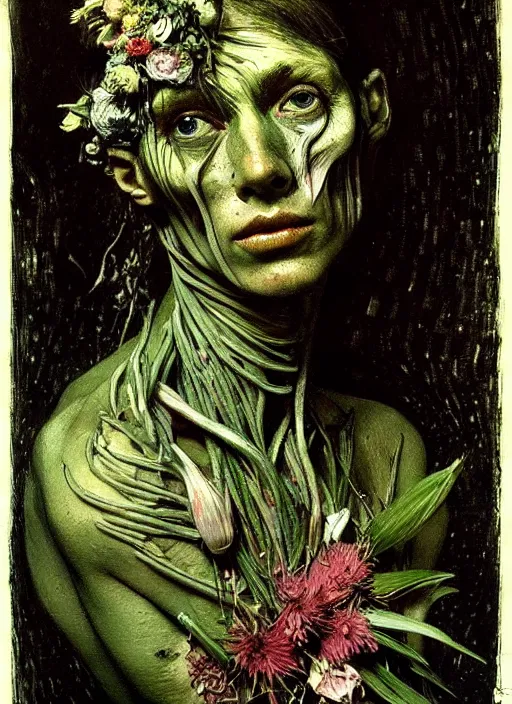 Image similar to beautiful and detailed rotten woman made of plants and many different types of flowers, muscles, intricate, organs, ornate, surreal, john constable, guy denning, dan hillier, manera, van gogh, caravaggio